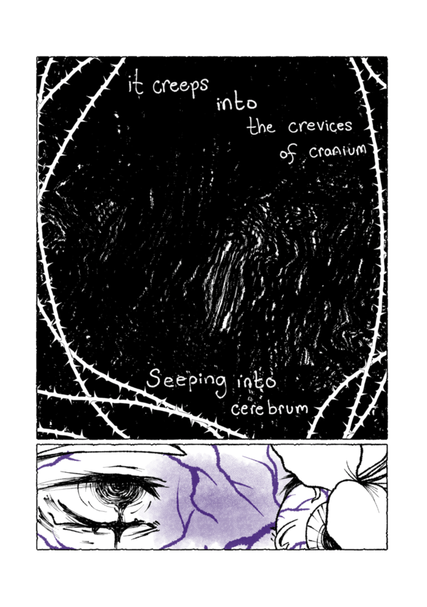 Page 5 of 'you broke your jaw.'
                  Panel 1: A black void with vines creeping at the sides. Text reads 'it creeps into the crevices of cranium, seeping into cerebrum.'
                  Panel 2: Close up of the person's face. All tired and blue.